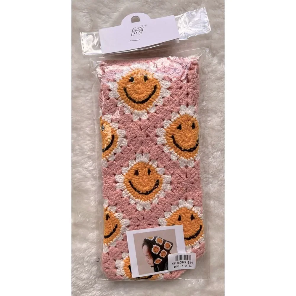 Crochet Triangle Smiley Face Headscarf Bandana in Pink, White & Yellow